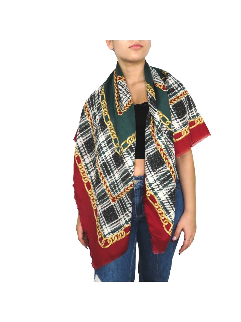 Stunning Vintage Red Green Gold Pattern Chain Retro Neck Scarf